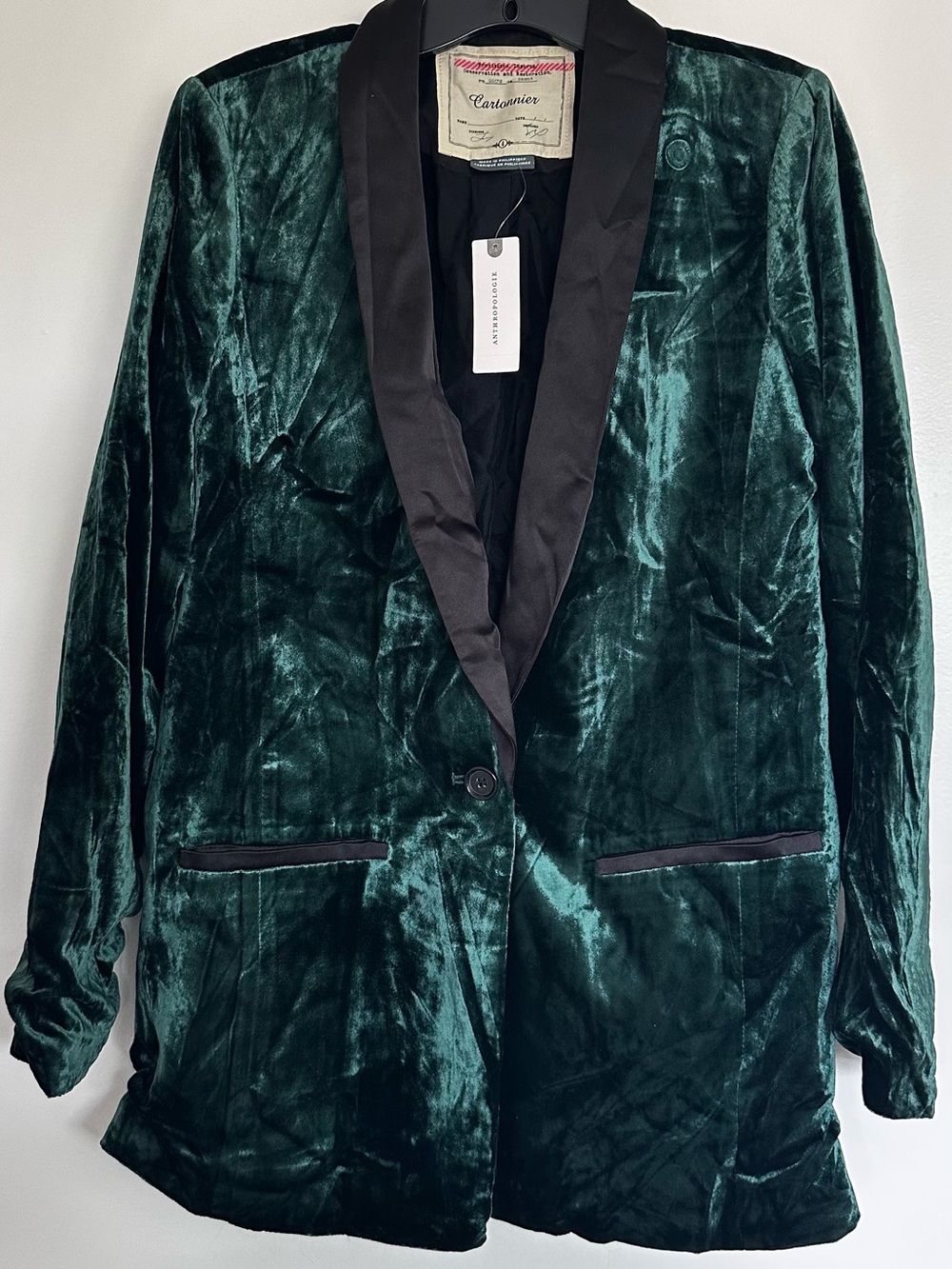 Cartonnier Dark Emerald Green Velvet Blazer with Satin Shawl Collar NWT
